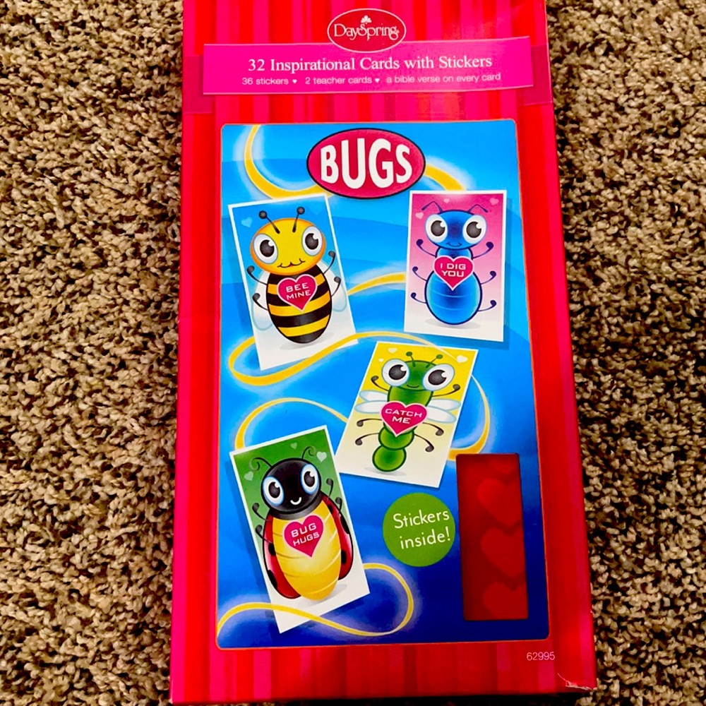32~DaySpring Bugs valentine Cards With 36 Stickers~2Teacher Cards~Bible Verse